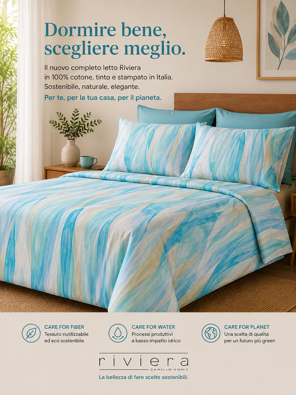 Completo Letto Matrimoniale Wave — 100% Percalle Tinto e Stampato in Italia