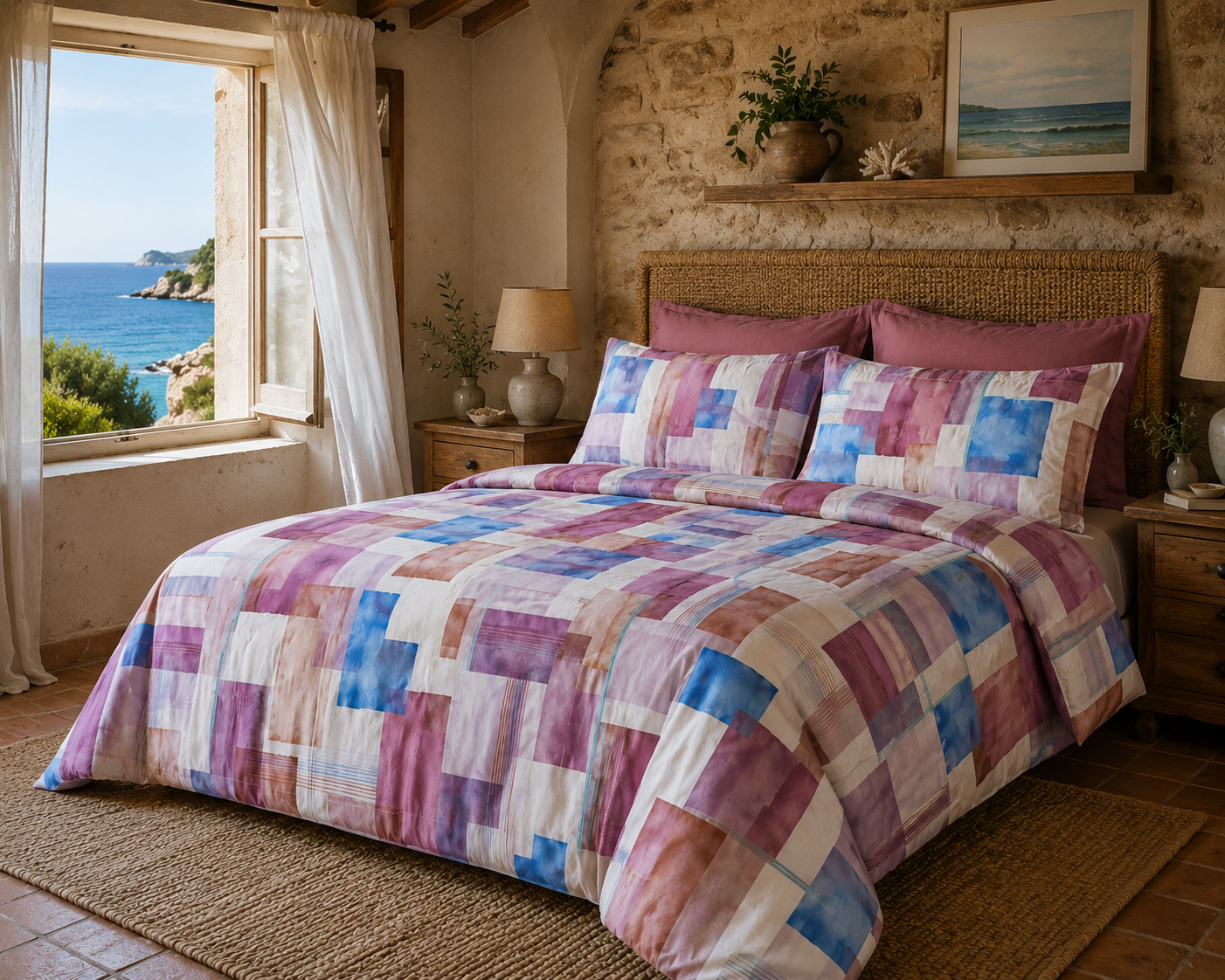 Completo Letto Matrimoniale Mosaico — 100% Percalle Tinto e Stampato in Italia