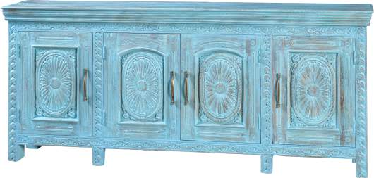 Credenza Serena — 4 Ante Intagliate Legno Massello Celeste 226 cm