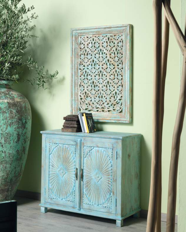 Credenza Serena 2 Ante — Intagliata Legno Massello Celeste 100 cm