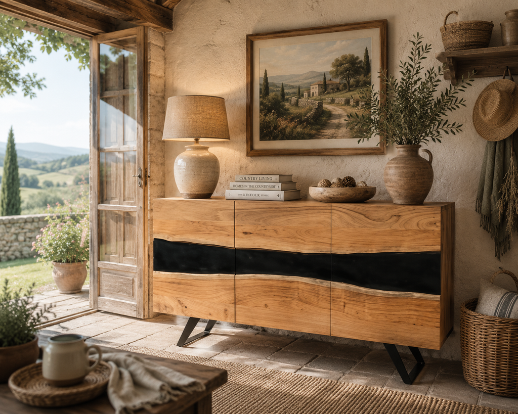 Credenza Lava — Legno Massello e Resina Nera 200 cm