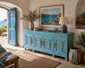Credenza Serena — 4 Ante Intagliate Legno Massello Celeste 226 cm