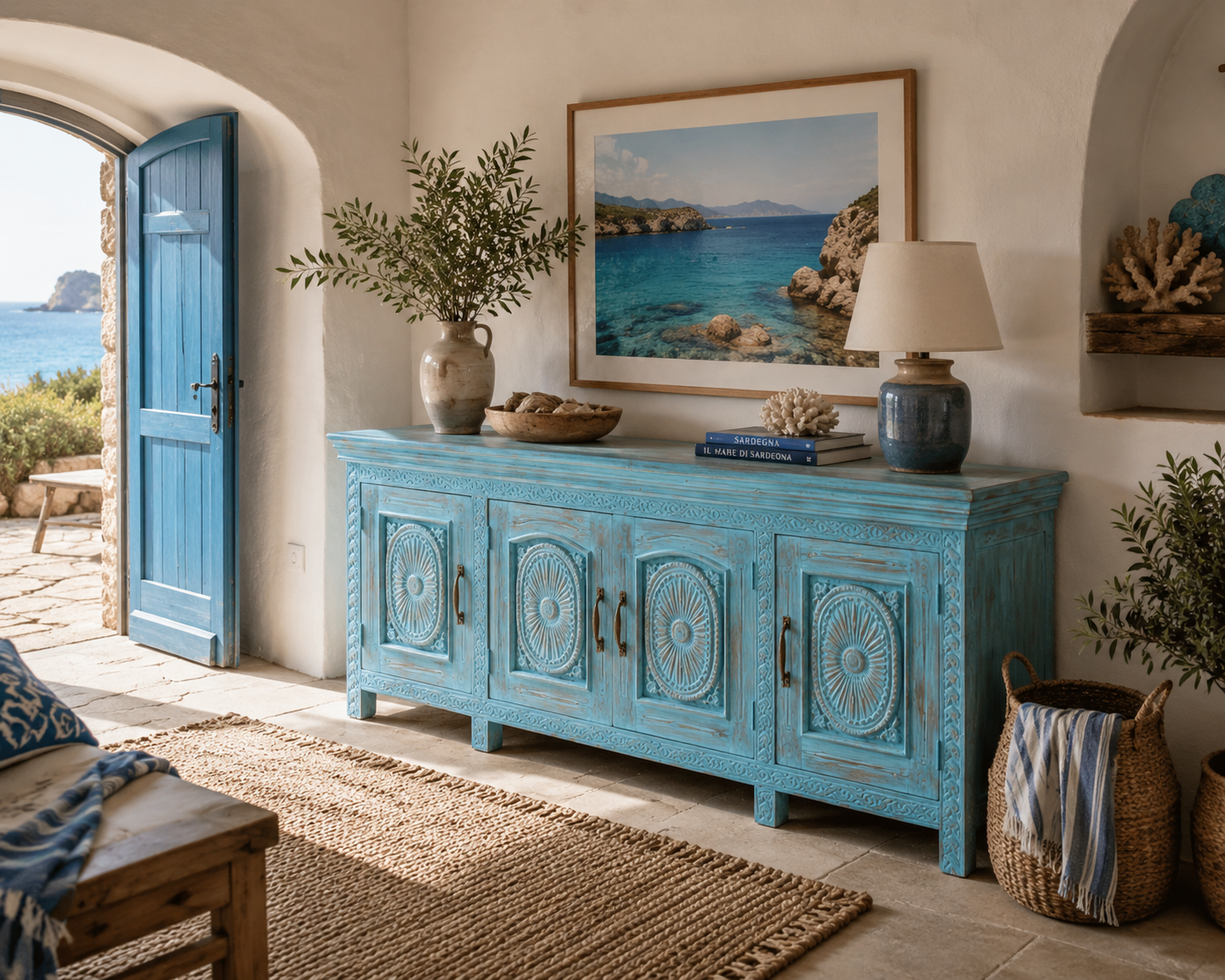 Credenza Serena — 4 Ante Intagliate Legno Massello Celeste 226 cm
