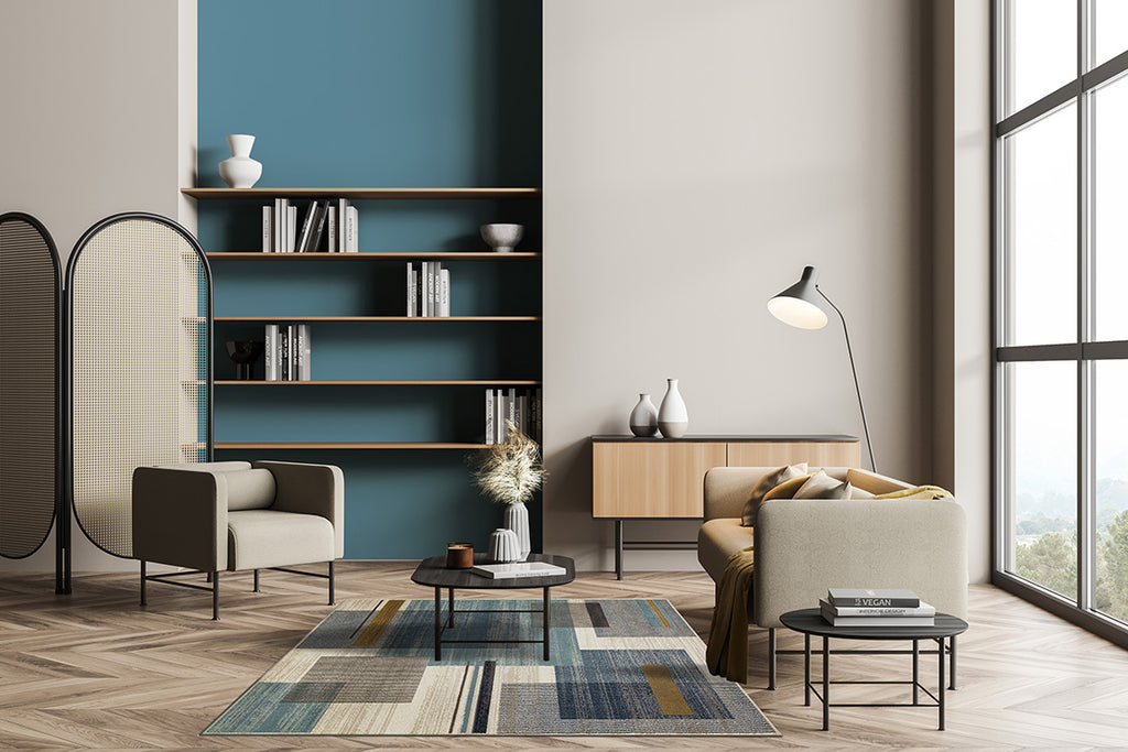 Tappeto Design 02 — Geometrie Moderne Blu e Bianco a Pelo Medio